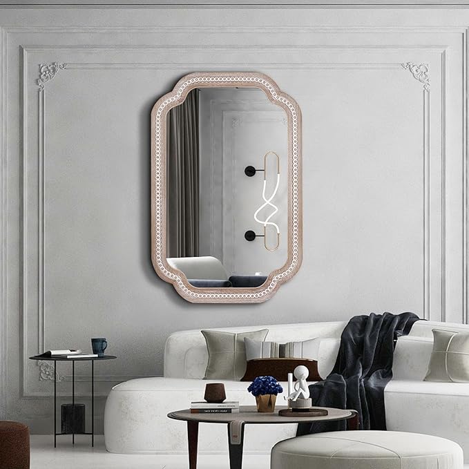 36x24 Inch Boho Wooden Scalloped Decorative Wall Mirror, Rustic Farmhouse Bathroom Mirrors for Over Sink, Entryway, Living Room, Bedroom, Hallway, Vertical or Horizontal