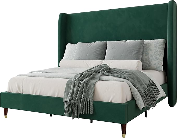 Jocisland Full Bed Frame 51.2" Wingback Headboard Velvet Upholstered Platform Bed,Solid Wood Legs & Wooden Slats,No Box Spring Needed,Noise-Free,for Teen Room Small Bedroom Cozy Home,Green
