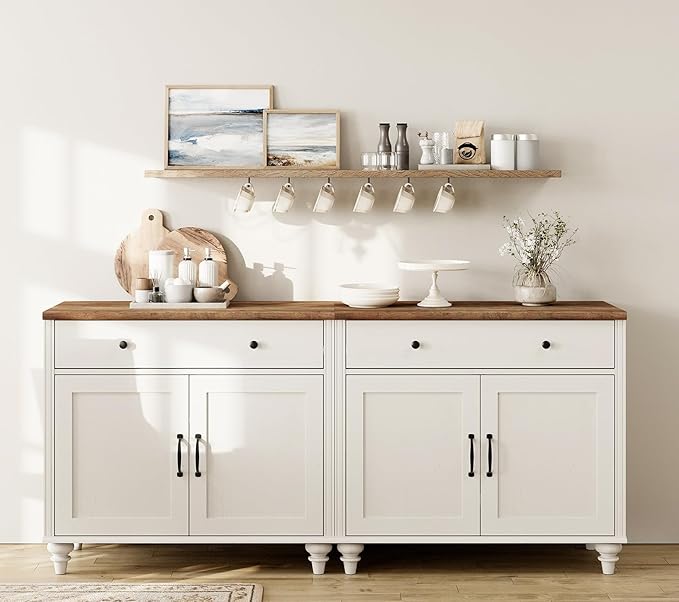 WAMAPT Buffet Cabinet with 4 Doors and 2 Drawers, Large Coffee Bar Table Wood Kitchen Storage Cabinets with Storage Cabinets, Modern Farmhouse Sideboard Credenza for Dining Room, Off White, 68 inch