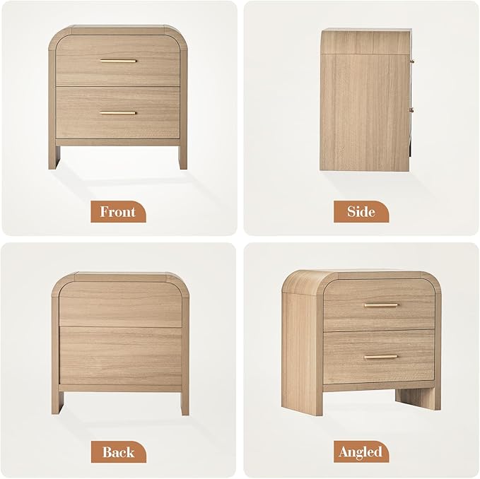 Night Stand Set of 2 [Unique Curved Profile] [FSC-Certified Wooden Board] 2-Drawer Nightstand 24" H Metal Handle Modern Sturdy Bedside Table Side Table End Table