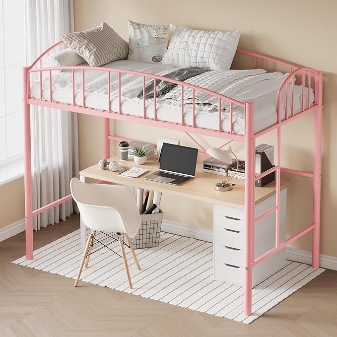 GarveeHome Loft Bed Twin Size, Heavy Duty Metal Loft Bed Frame with Arched Guardrail and Safety Ladder, Space-Saving, No Box Spring Needed, Modern Pink