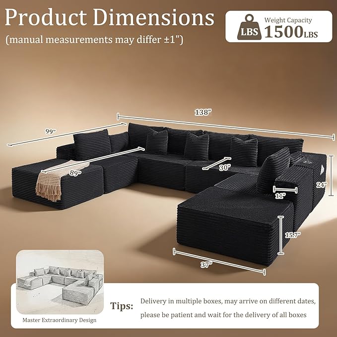 138" Cloud Sectional Couch, Comfort U Shaped Sofa for Living Room, Extra Deep Seats No Assembly, Minimalist Modular Couch, Corduroy (Black, 8 Seats,U-Shape A)