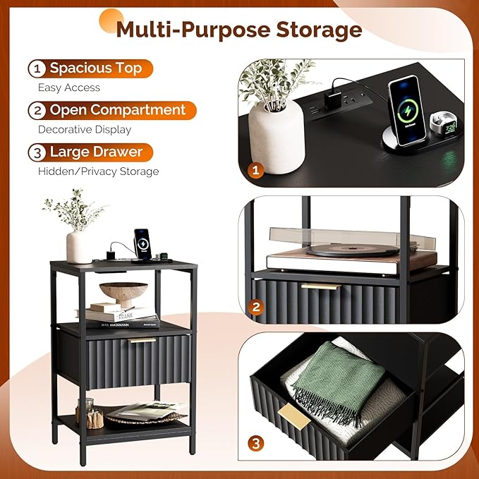 VINGLI Nightstand with Charging Station and Fabric Drawer, Fluted Night Stand with Drawer, Bedside Table/Small Night Stand with Charger Station for Bedroom, Dorm, 14.96" W*11.81" D*23.7" H, 1 pc