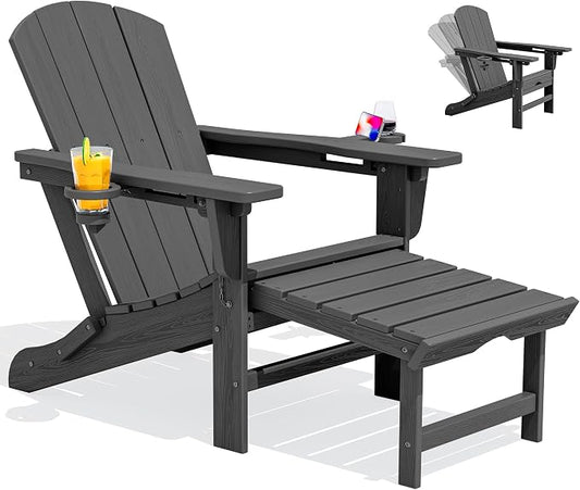 SERWALL Folding Adjustable Adirondack Chair with Footrest, HDPE Outdoor Chair with Dual Cup Holders, All Weather Adirondack Chair with Ottoman, Gray