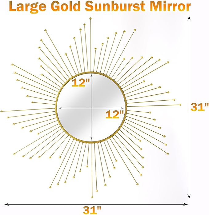 Large Gold Sunburst Mirror - 31" Starburst Wall Mirror with 12" Round Glass, Mid-Century Modern Elegant Gold Sun Mirrors for Living Room, Bedroom, Entryway Decor