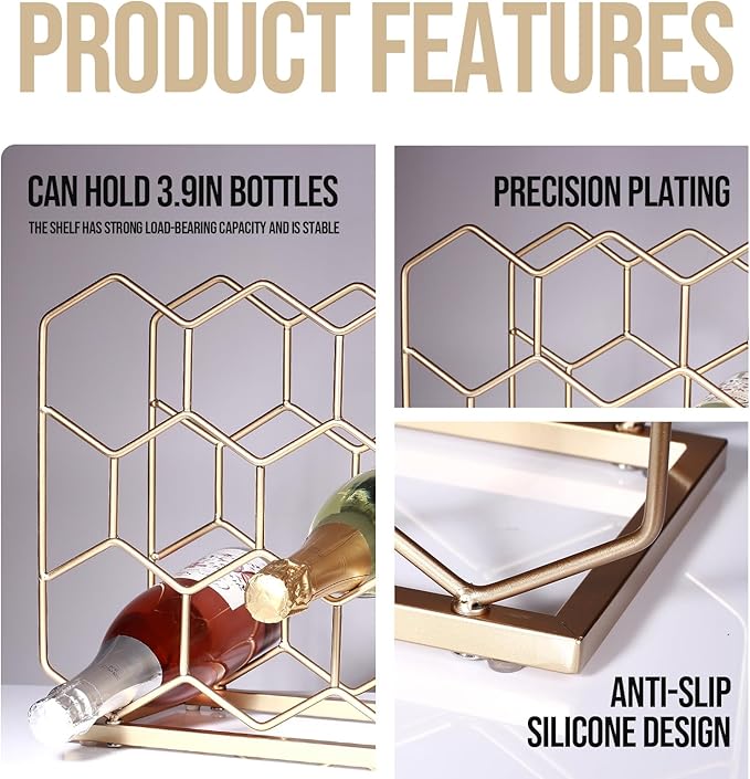 Countertop Wine Rack - 14 Bottle Freestanding Modern Gold Metal Small Wine Rack - Tabletop Wine Holder Stand for Cabinet, Pantry, Wine Bottle Storage (Large Size-Gold)