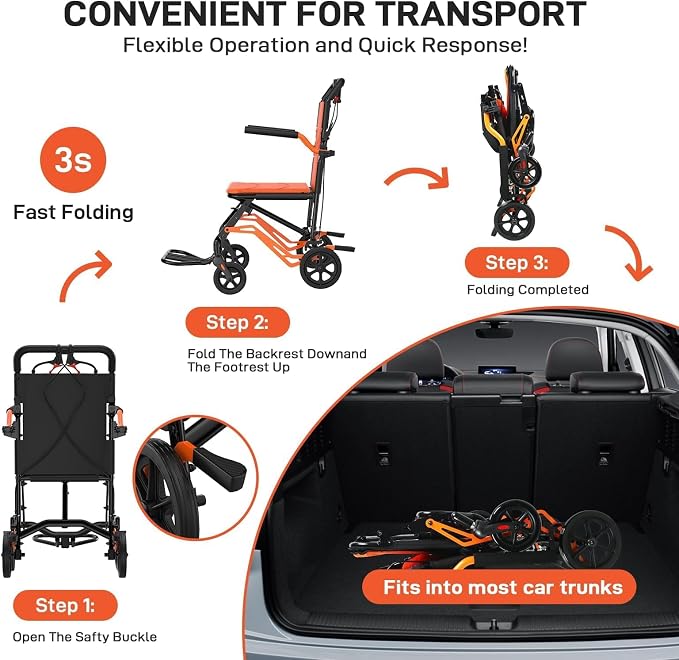 IDEALHOUSE Lightweight Foldable Wheelchair for Adults, Portable Travel Chair with Removable Flip-Up Armrests, Adjustable Swing-Away Footrests, Hand-Operated Brakes, for Indoor & Outdoor Use, Orange