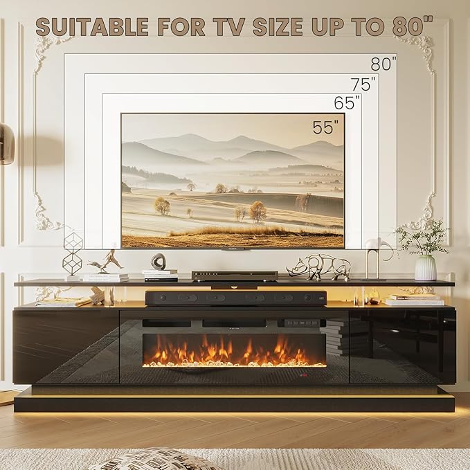 70 Inch Fireplace TV Stand, Modern Entertainment Center for TVs Up to 80”, TV Console with Storage Cabinets, Media Console for Living Room, Black TV Stand and Black Fireplace