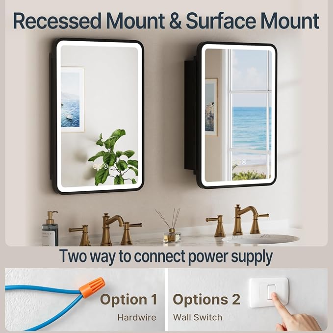 16x24 Inch Medicine Cabinet with Mirror, Recessed or Surface Mount Bathroom Medicine Cabinet with LED Lights, Anti-Fog, Memory Function, Adjustable Shelf, Dimmable Light, ETL Listed, Black,Left Hinge