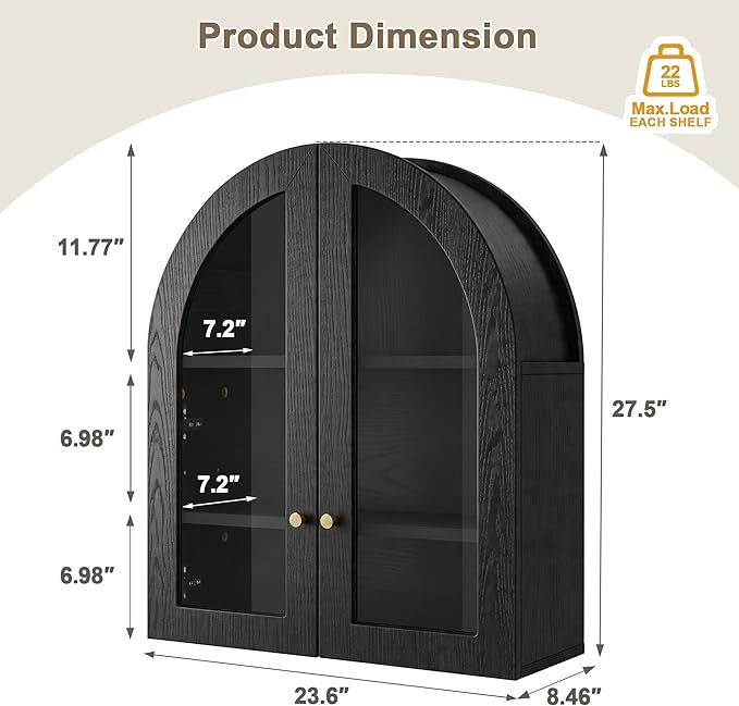 Arched Wall Cabinet, Bathroom Cabinet Wall Mount with Glass Doors & Adjustable Shelf, Floating Medicine Cabinet for Bathroom, Kitchen, Living Room Storage, Black