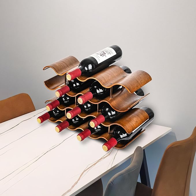 Countertop Wine Rack - 14 Bottle Freestanding Wine Bottle Holder Stand - 4 Tier Wooden Wine Storage Rack - Walnut Wavy Wine Organizer for Cabinet Pantry Home Kitchen Bar