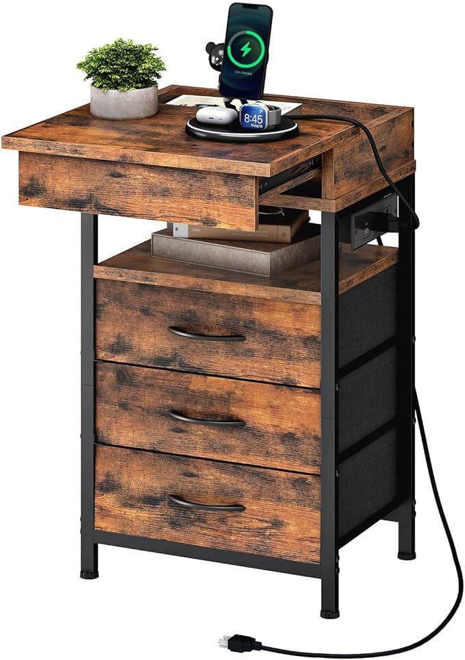 HOOBRO Nightstand with Charging Station, Bedside Table with Fabric Drawers, End Table with Lockable Hidden Compartment, 2 AC Outlets, 1 USB-A, 1 Type-C, for Bedroom, Rustic Brown and Black BF143UBZ01