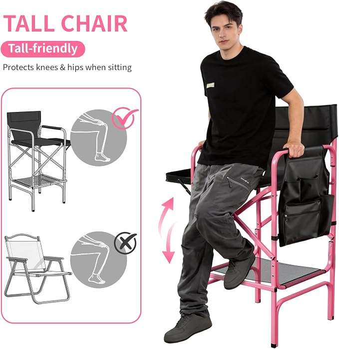 VINGLI 31" Tall Director's Chair for Makeup Artist, Aluminum Portable Makeup Chair with Retractable Side Table & Footrest,Supports 300 lbs, Foldable Makeup Chair for Studio, Pink & Black
