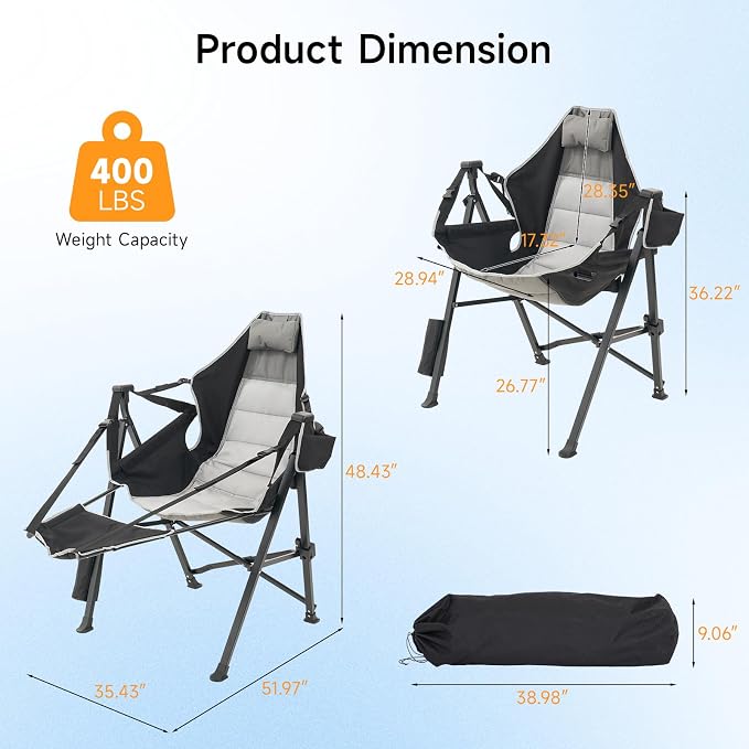 Hammock Camping Chair with Removable Footrest, 400lbs Heavy Duty Portable Swing Chair Outdoor with Adjustable Back, Foldable Camping Chair with Headrest and Cup Holder for Camping, Patio, Lawn