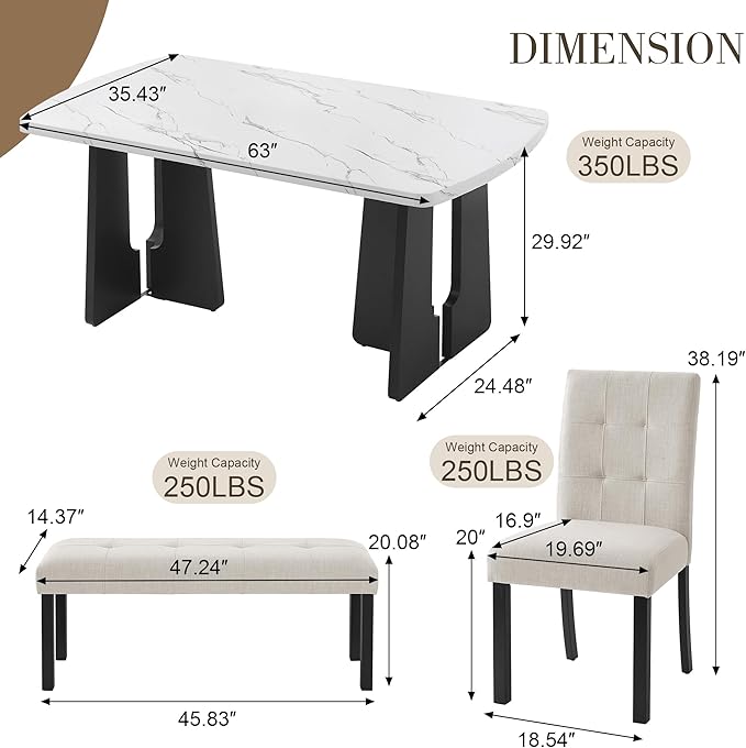 Merax 6-Piece Dining Table Set for 6, Modern Faux Marble Oval Kitchen Tabletop with Four Upholstered Chairs and One Bench for Dining, Living Room, Kitchen, Easy Assembly, White+ Beige