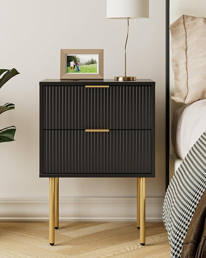 Aienvey Night Stand, Modern Nightstand with Drawers, Bedside Table, Gold Small Side Table for Bedroom, Living Room End Table (Black Stripe, 2 Drawers)