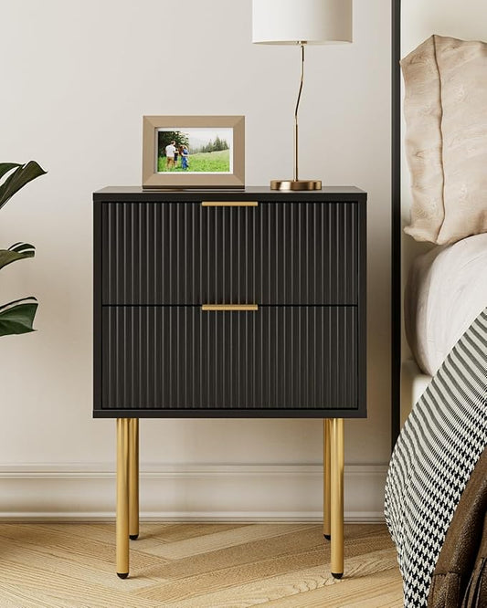 Aienvey Night Stand, Modern Nightstand with Drawers, Bedside Table, Gold Small Side Table for Bedroom, Living Room End Table (Black Stripe, 2 Drawers)
