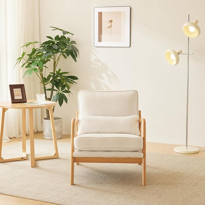 Karl home Accent Chair Mid-Century Modern Chair with Pillow Upholstered Lounge Arm Chair with Solid Wood Frame & Soft Cushion for Living Room, Bedroom, Balcony, Linen White (Low Back)