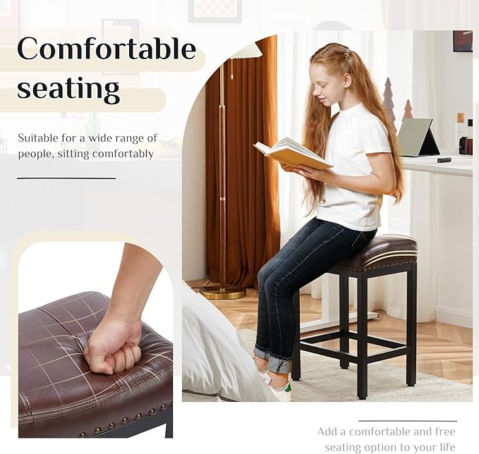 Sweetcrispy 24 inch Bar Stools Set of 6, Upholstered Modern Counter Height Bar Stools for Kitchen Island Modern PU Leather Sadless Stools Chair with Metal Base and Footrest,Brown