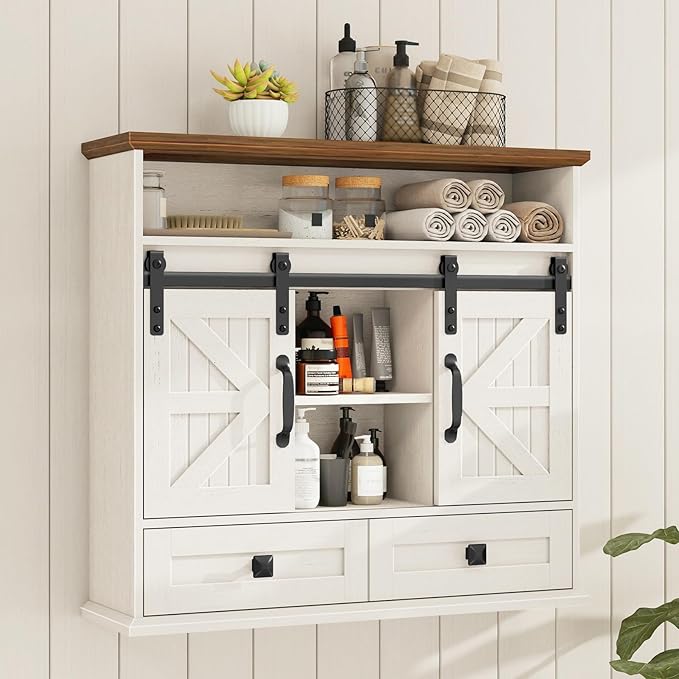 Vabches Bathroom Wall Cabinet, Farmhouse Medicine Cabinet with Double Sliding Barn Door and Storage Drawer, Wooden Vintage Storage Cabinet Wall Mounted for Bathroom, Kitchen, Rustic White and Brown