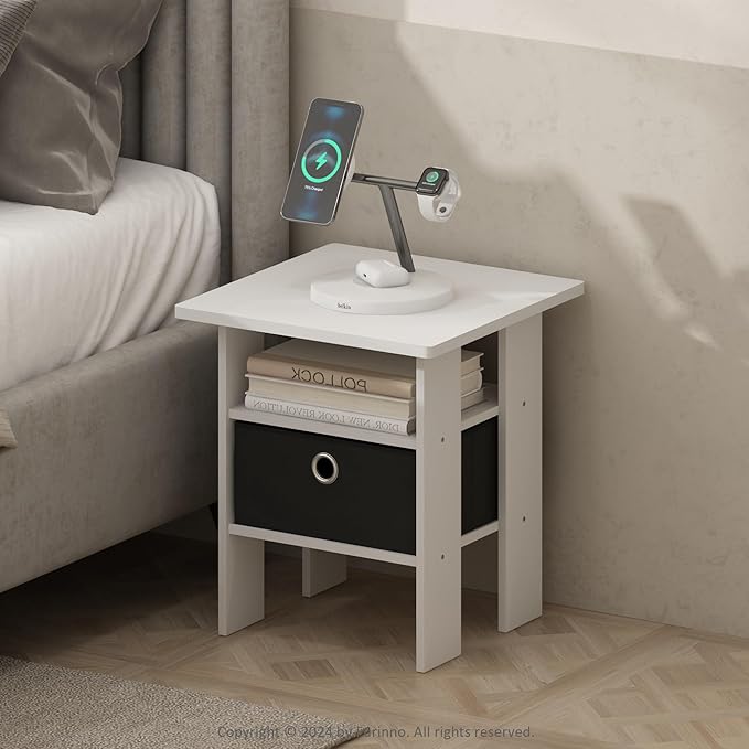 Furinno TIDUR Night Stand, Open Shelf Design Nightstand with Storage Bin, Bedside Table, End Table, Side Table, for Bedroom, Closet, Dorm, White
