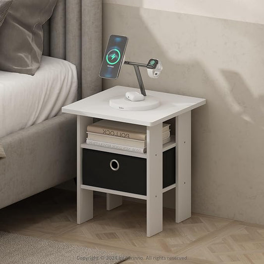 Furinno TIDUR Night Stand, Open Shelf Design Nightstand with Storage Bin, Bedside Table, End Table, Side Table, for Bedroom, Closet, Dorm, White