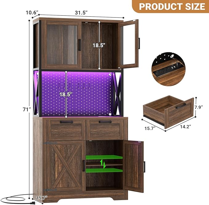 Unikito 71" Pantry Cabinet with LED Light & Outlet, Tall Kitchen Pantry Storage Cabinet with Microwave Stand, DIY Pegboard, Drawers and Adjustable shelf, Kitchen Hutch for Dining Room, Weathered Brown