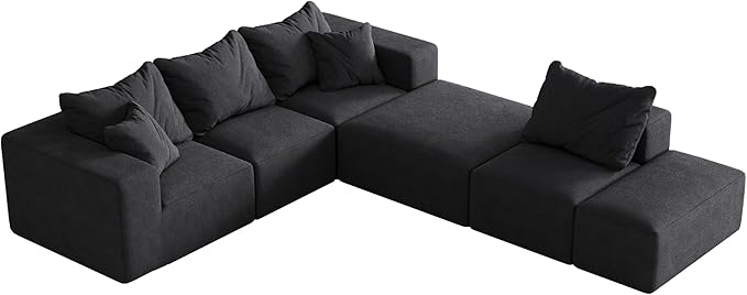 132" Modular Sectional Sleeper Sofa Couch, Modern Cloud Chenille Sectional Couch with Ottoman, Boneless U Shape Couches for Living Room, Free Combination, No Assembly Required, Black
