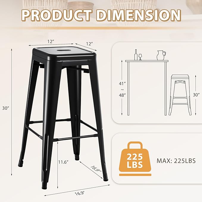 Furmax 30 Inch Metal Bar Stools Set of 4, Counter Height Stools, Industrial Bar Chairs Patio Stool Stackable Stool for Kitchen/Dining Room/Indoor Outdoor(Dark Black, 30'' Backless)