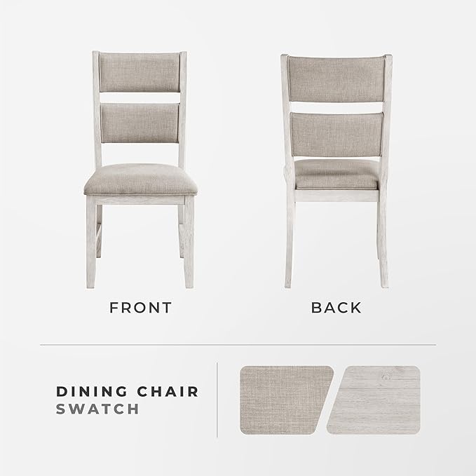Lexicon Dining Chair Set of 2, Wooden Kitchen Chairs with Light Gray Textured Fabric Upholstered Seats and Back Rest, Accent Seating for Dining Room/Kitchen, Assembly Required, Brushed Antique White