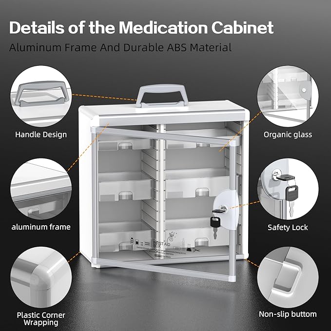 Glosen Lockable Medicine Cabinet with 6 Removable Trays, Wall Mounted & Portable Locking Medicine Cabinet Organizer with Key Lock for Home, Bathroom, Office - Aluminum Frame(15.63 * 6.5 * 15.43Inch)