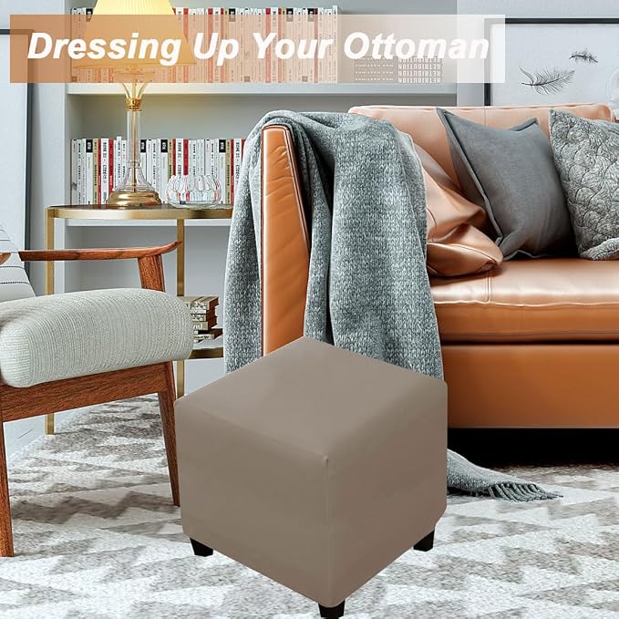 Waterproof Ottoman Cover Square Stretch PU Soft Folding Storage Ottoman Cover with Elastic Bottom Cube Footrest Foot Stool Slipcovers Machine Washable(Large/Light Gray)
