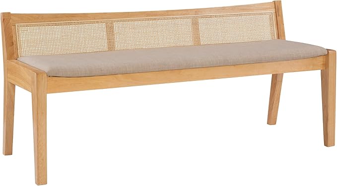 Powell Kasi Natural Low Back Cane Bench with Beige Upholstered Seat