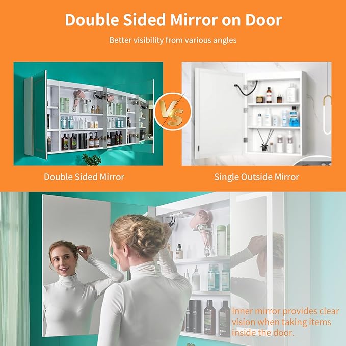 VINGLI LED Lighted Medicine Cabinet with Intelligent Mirror, Bluetooth Speaker, Weather & Temp Display, Anti-Fog, Built-in Outlet & USB, Large 3-Door Bathroom Mirror Cabinet,48 Inch, Need Assembly | LED Lighted