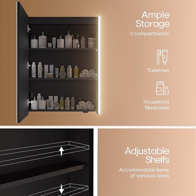 30 x 23-1/4 Inch LED Medicine Cabinet Lighted Bathroom Mirror, Defogger, Stepless Dimmable, 3000K/5500K Color Temperature Wall Mounted, Adjustable Shelf, Black