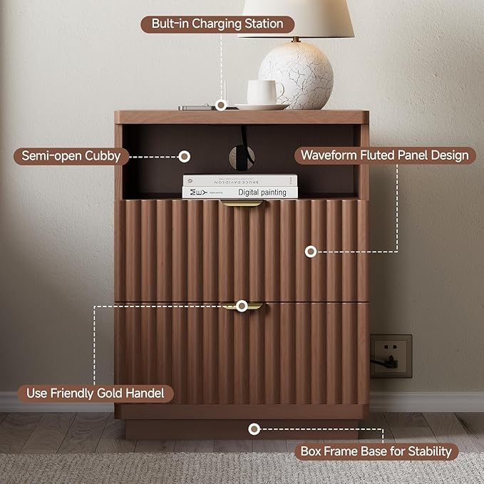 Nightstand with Charging Station, Night Stand with Open Shelf and 2 Drawers for Bedroom, Side Table Bedside Table with USB Ports & Outlets, Small Nightstand End Table (Walmut)
