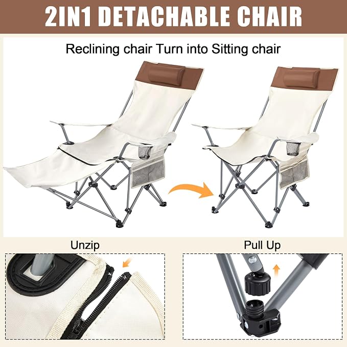 Yuntau 2 Set Reclining Beach Chairs with UPF 50+ Umbrellas Shade, Upgraded Heavy Duty Portable Folding Lounge Camping Chair with Canopy Removable Footrest & Headrest for Outdoor Patio(White)
