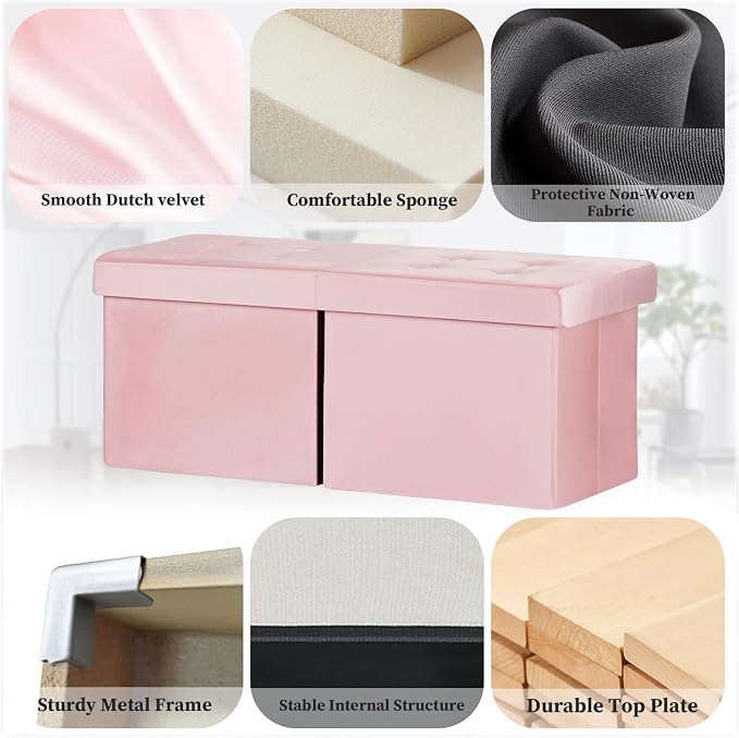 Bsketa Storage Ottoman Bench with Folding Lid Ⅲ, Foot Stools Opens on Both Ends, Footrest Foldable Velvet Chest for Living Room, Bedroom, Entryway, End of Bed Storage Blanket Ottomans Pink
