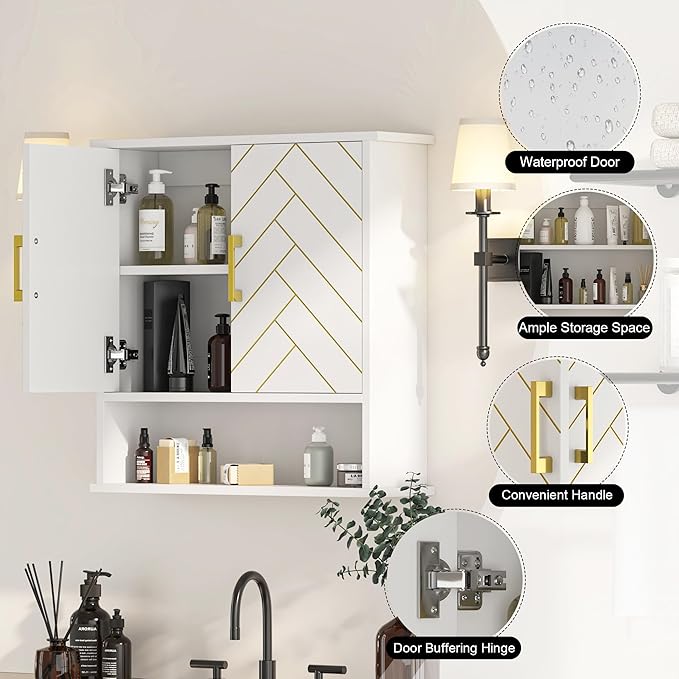 White Chevron Pattern Bathroom Wall Mount Cabinet, Stylish Hanging Medicine Cabinet with Open Shelf, Over The Toilet Storage for Bathroom Kitchen (23 5/8" x 22 7/8" x 7 1/8")