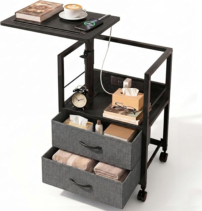Faesun Swivel Lift Top Nightstand with Charging Station, Rolling Side Table for Recliner, Bedside Table with Wheels & 2 Fabric Drawers, for Small Spaces, for Bedroom, Living Room, Black Gray