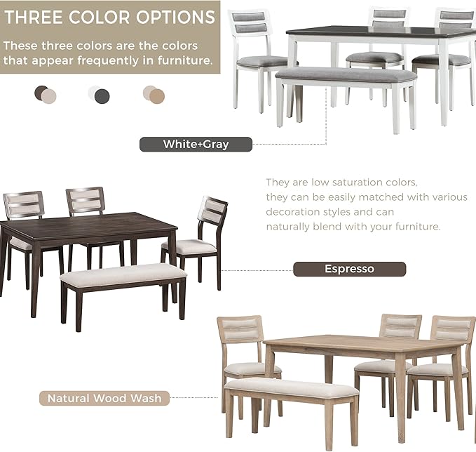 Harper & Bright Designs Kitchen Dining Table Set for 6, Classic and Traditional Style 6 Piece Kitchen Dining Table Set, 4 Upholstered Chairs & Bench (Natural Wood Wash)