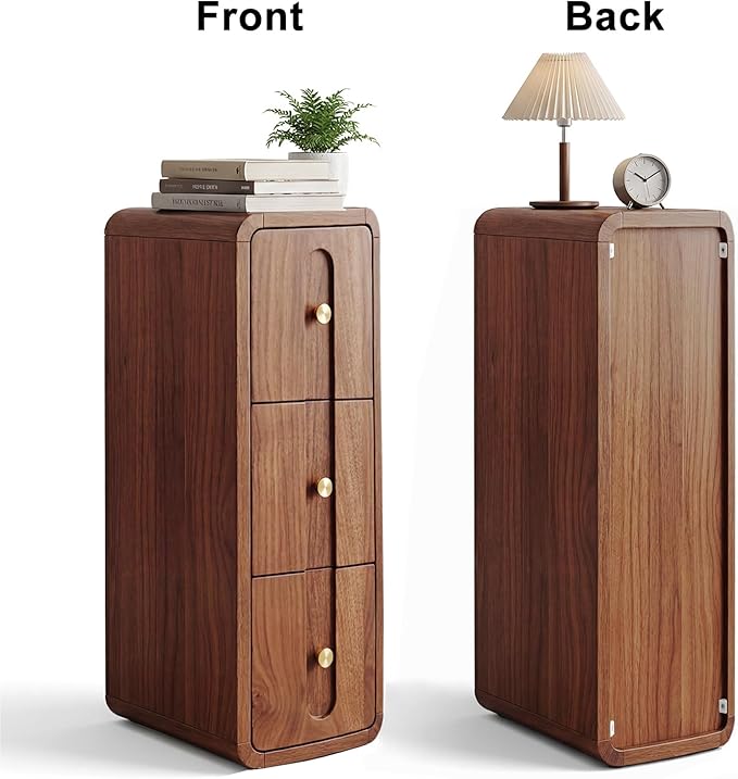 Narrow Nightstand Set of 2, Small Bedside Table with 3 Drawers, Mid Century Modern Skinny Night Stand with Storage, Wood Slim Side Table for Bedroom, Small Spaces, Living Room (Walnut-2pcs)