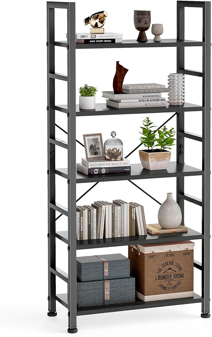 DUMOS 5 Tiers Open Bookshelf, Classic Freestanding Tall Display Shelf, Multifunctional Storage Organizer Rack for Living Room Home Office, Sturdy Bookcase for CDs/Books/Movies, Modern Black