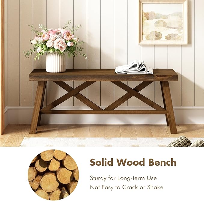 Wnutrees 43" Farmhouse Wood Bench, Rustic Solid Wood Entryway Bench Seat with Double X-Structure for Dining Area Living Room Hallway, Structural Stability, Natural