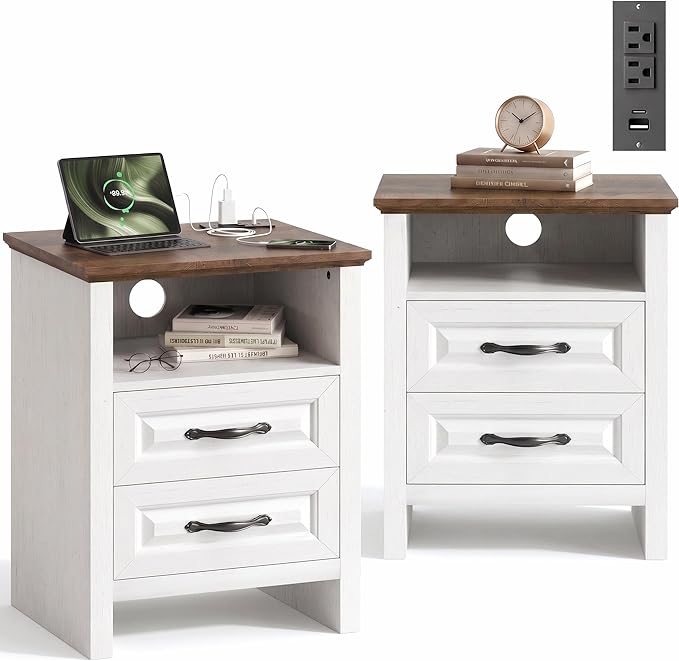 Marsail Farmhouse Nightstand Set of 2, Wood Bedside Table with Charging Station, Night Stand with Shelf and Drawers, End Table with Storage Side Table for Bedroom, Brown and White