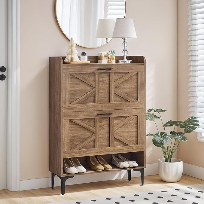 MAHANCRIS Shoe Storage Cabinet, Shoe Organizer with 2 Flip Drawers, Hidden Shoe Storage for Entryway, Freestanding Shoe Cabinet Organizer with Open Storages, Walnut SHWA9401