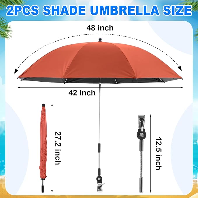 Yuntau 2 Set Reclining Beach Chairs with UPF 50+ Umbrellas Shade, Upgraded Heavy Duty Portable Folding Lounge Camping Chair with Canopy Removable Footrest & Headrest for Outdoor Patio(Orange)