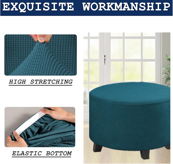 Stretch Ottoman Slipcover – Round Furniture Protector Fits 20"-23" Dia, for Footrests, Storage Ottomans & Folding Stools – Elastic Fabric Cover (Teal, Medium)