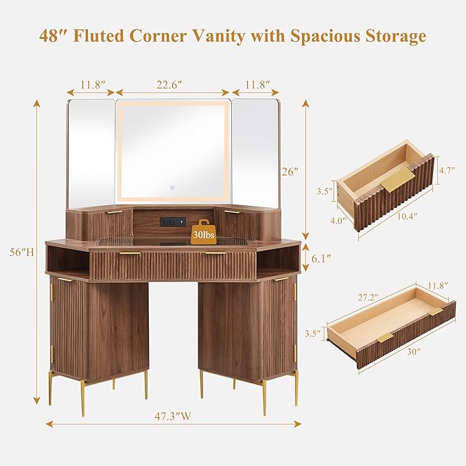 T4TREAM 48" Fluted Makeup Vanity Desk with HD Triple Mirror and Lights, Large Lighted Corner Vanity with Glass Top, Modern Dressing Table with 3 Drawers & 2 Cabinets for Bedroom, Light Walnut