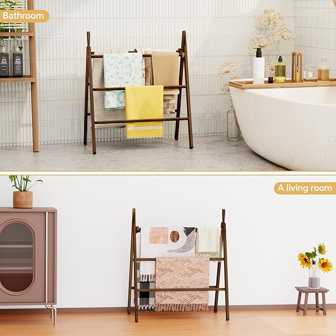 Delywh 6-Tier Wide Double Blanket Ladder Wood, Rustic Decorative Towel Rack for Big Blanket, Towel, Quilt, Clothes, Freestanding Blanket Holder Towel Ladder Decor Stand for Living Room, Bedroom, Brown
